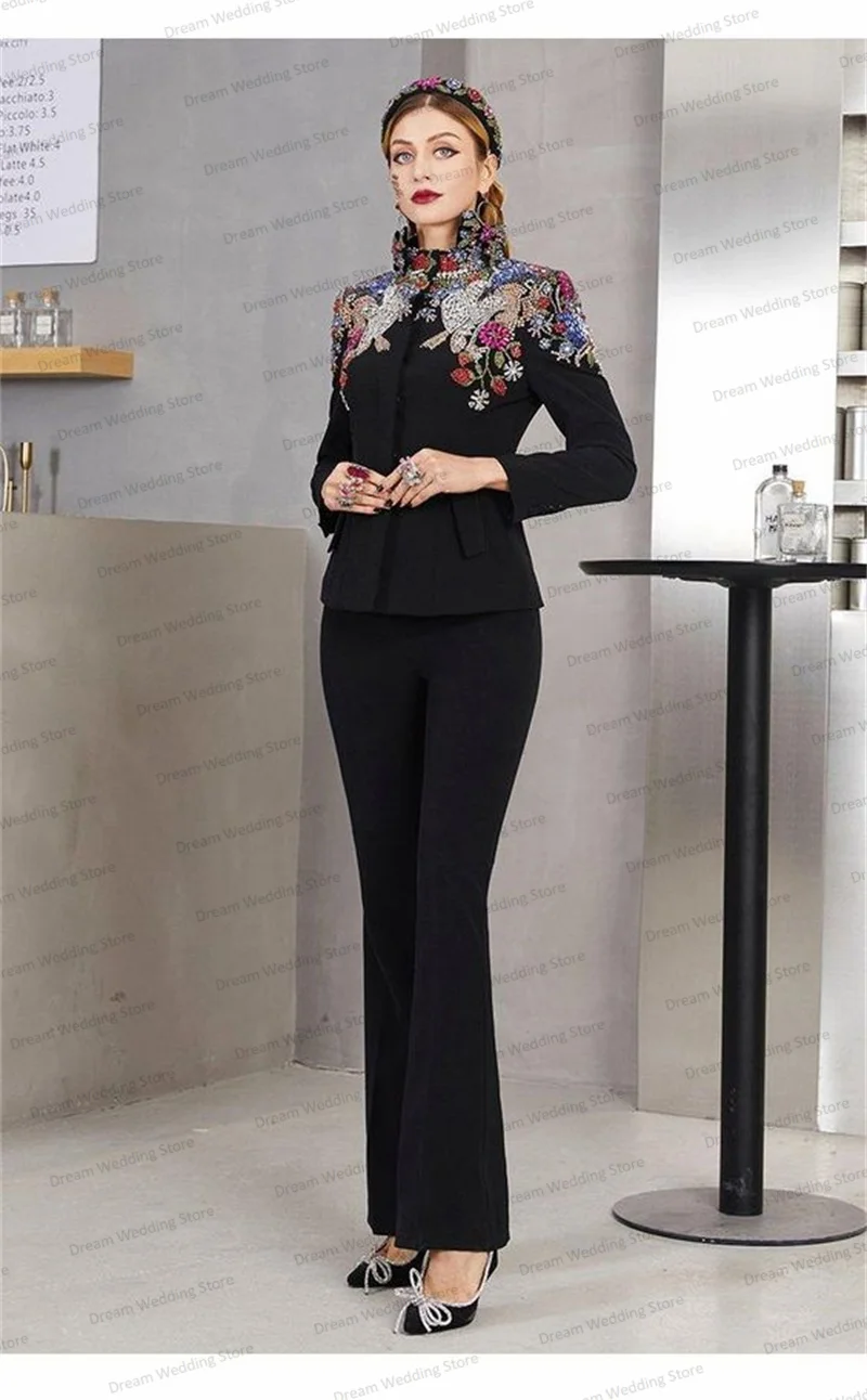 Luxury Appliqued Beads Women Suits Pants Set 2 Pcs High Neck Jacket+Flare Trousers Custom Made Formal Prom Dress Wedding Tuxedos