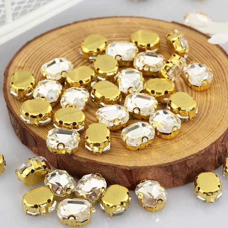

PEESOM 50PCS 8x10mm Sew On Octagon Stone with Gold/Sliver Base Glass Clear Sewing Crystal Stone for DIY Clothing Shoes Crafts