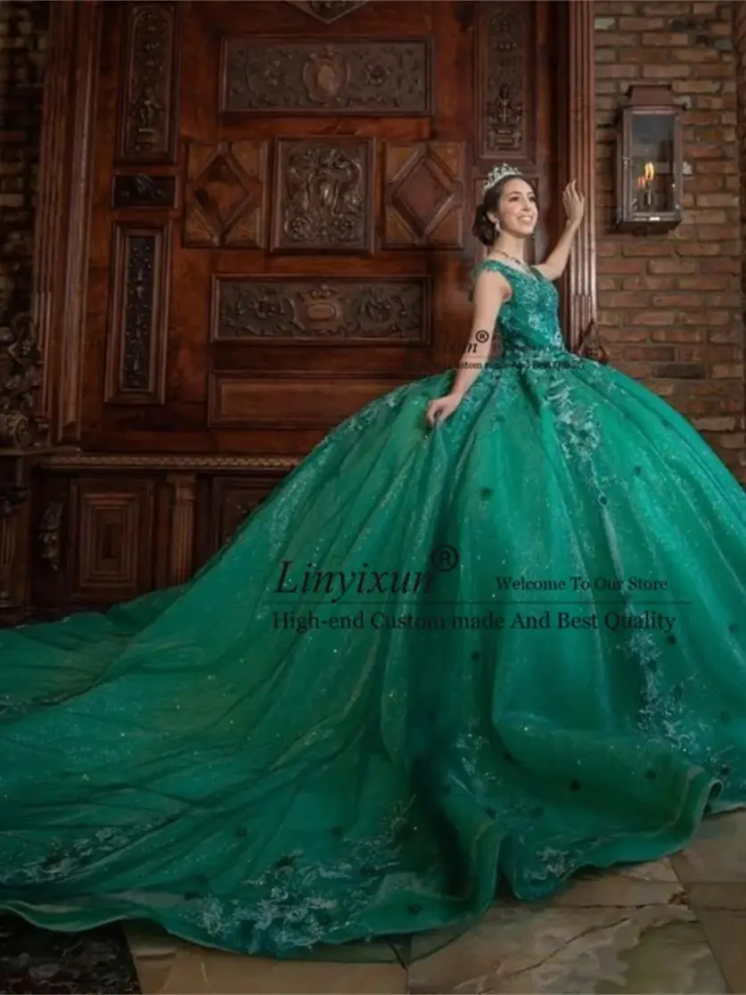 Customized Mexican Emerald Green Quinceanera Dress Ball Gown Lace Applique Beads Corset Sweet 16 Birthday Vestido De 15 Anos