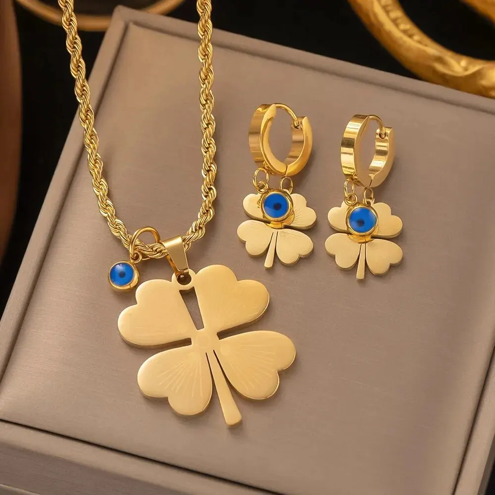2 PCS Set Metal Leaves Epoxy Earring Necklace Set Shinny Gold Color Metal Heart Fatima Hand Colorful Epoxy Women Jewelry Set image 5