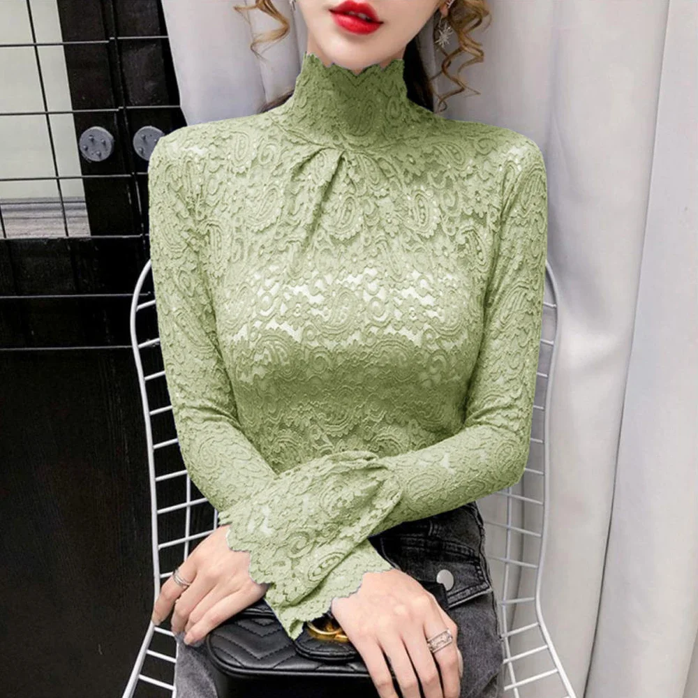 Blouse Women Lace Shirt Black Coffee Stretch Turtleneck Bell Sleeve T Shirt Girl Slim Sexy Sweet All-Match Elegant Trend Top