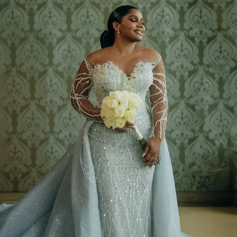 럭셔리 아소 에비 머메이드 레이스 비즈 장식 아프리카 플러스 사이즈 여성 웨딩드레스 신상 섹시 V넥 탈부착 트레인 브라이덜 드레스 맞춤 제작