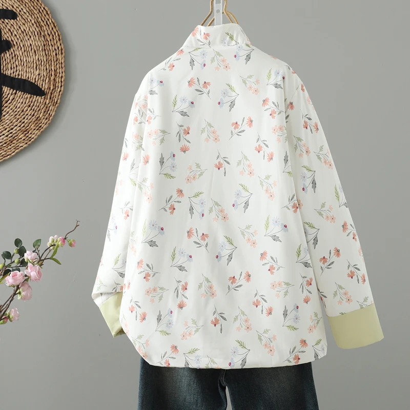 Ciepły, luźny płaszcz bawełniany w dużym rozmiarze z kwiatowym wzorem, chiński płaszcz bawełniany, zimowy płaszcz do dojazdów do pracy, modny, regularny krój.
