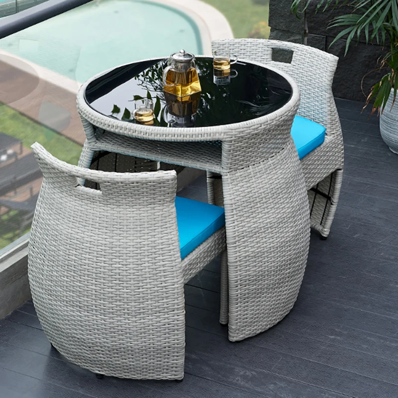 

Balcony small tables and chairs rattan chairs three-piece waterproof sunscreen leisure tea table chairs outdoor terrace Internet