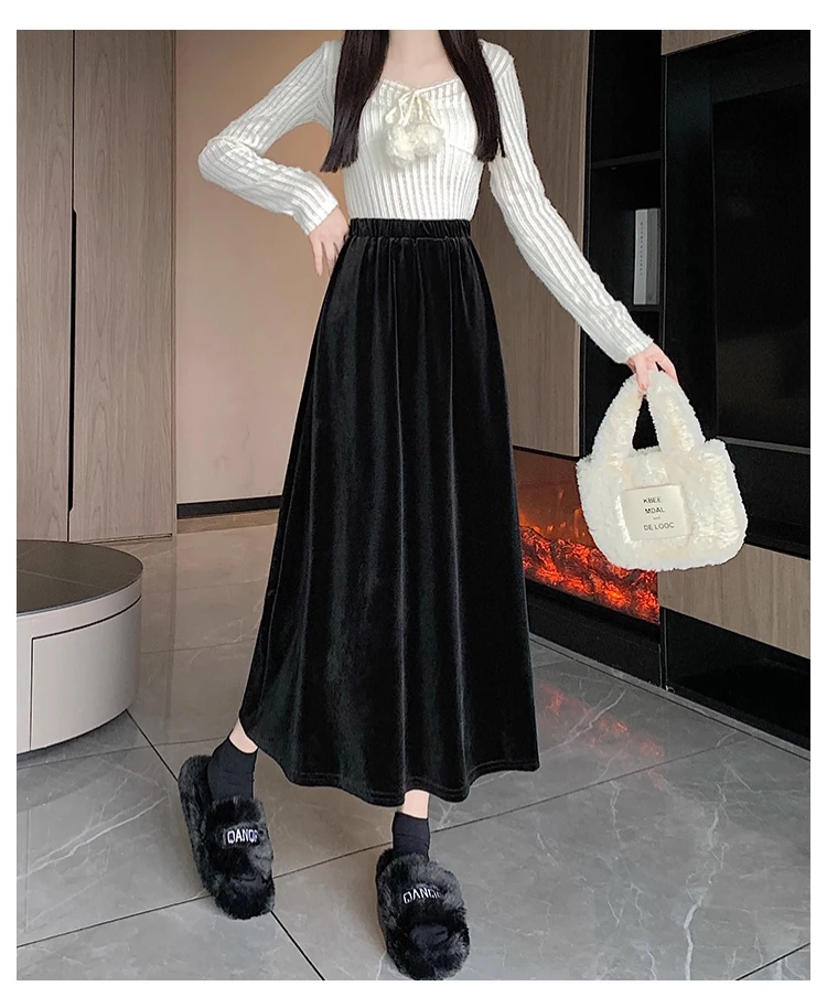 Elegant Vintage Black Velvet Midi Skirt For Women New Fall winter Elastic High-waist A-line Skirt Loose Trendy Office Commute