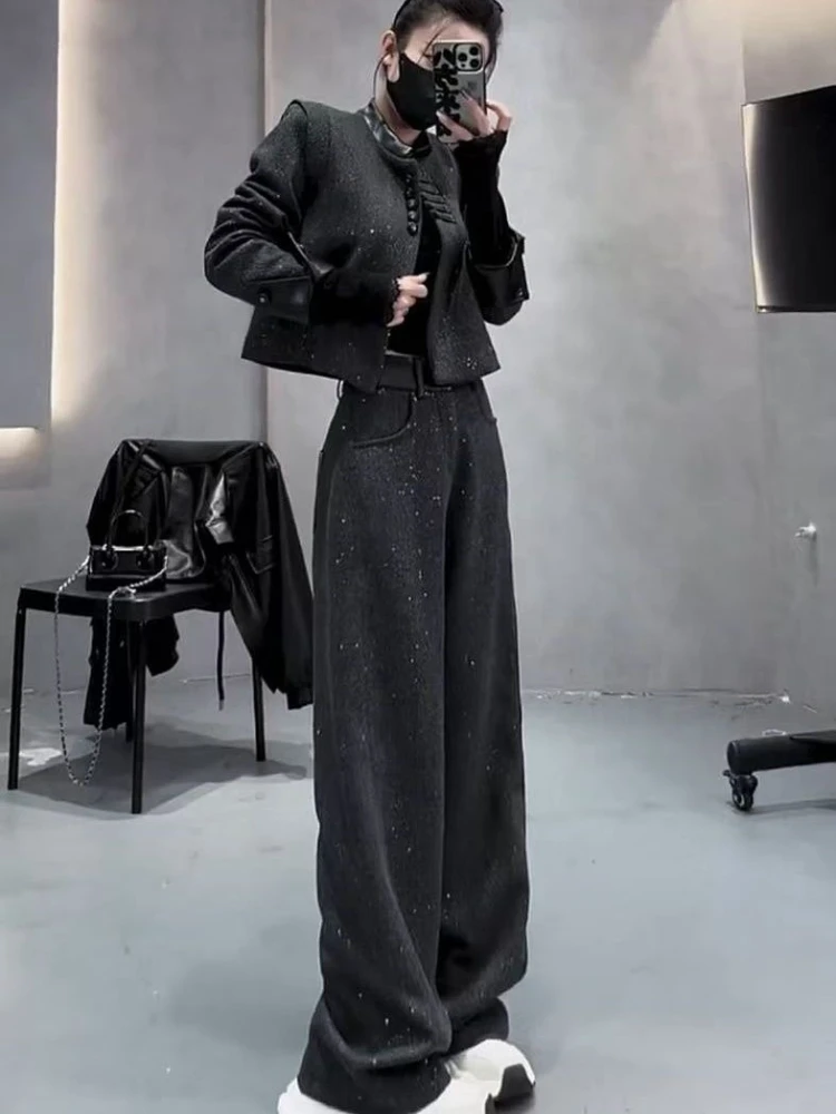 

Осень и зима 2025 г., новый стиль Тан, новый модный комплект из двух предметов в китайском стиле, женское шерстяное пальто + хлопковые широкие брюки