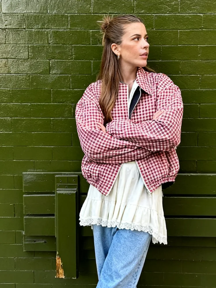 سترة نسائية قصيرة منقوشة باللون الأحمر كاجوال بياقة واقفة وأكمام طويلة وياقة واقفة وسحاب سترات فضفاضة للسيدات ملابس خارجية يومية للشارع #6