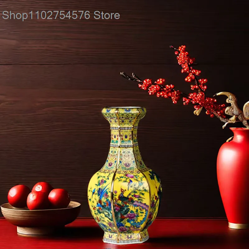

Qing Dynasty Qianlong Hand-painted yellowl Famille Rose Magpie Plum Vase Antique Porcelain Vase Jingdezhen Porcelain