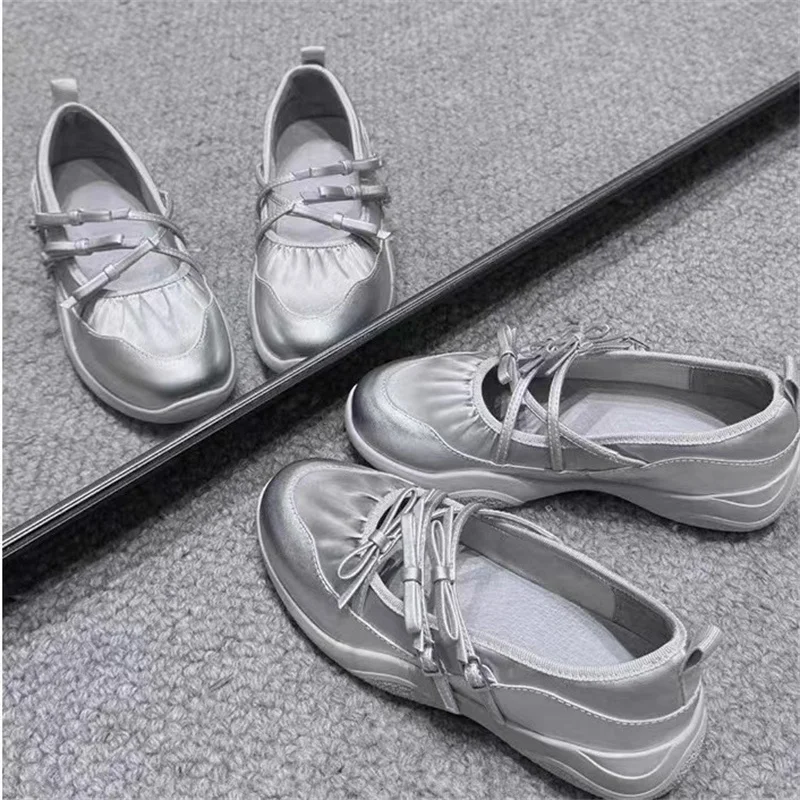 Silver Mary Jane Shoes for Women Sneakers Fashion Elegant Bow Cross Belt Buckle Casual  Soft Leather Platform Ballet Shoe