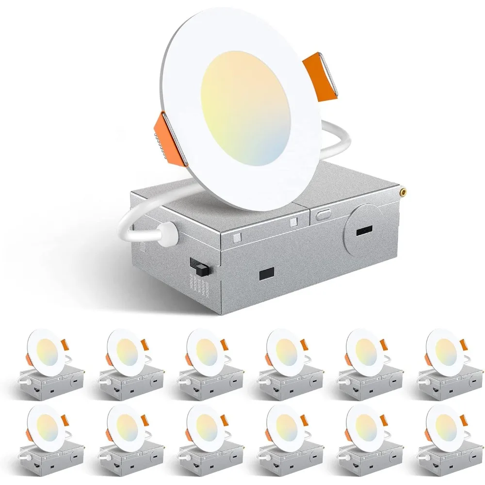 12 Pack 3 Inch 5CCT Ultra-Thin LED Recessed Ceiling Light with Junction Box,2700K/3000K/3500K/4000K/5000K Selectable, 7W Eqv 60W