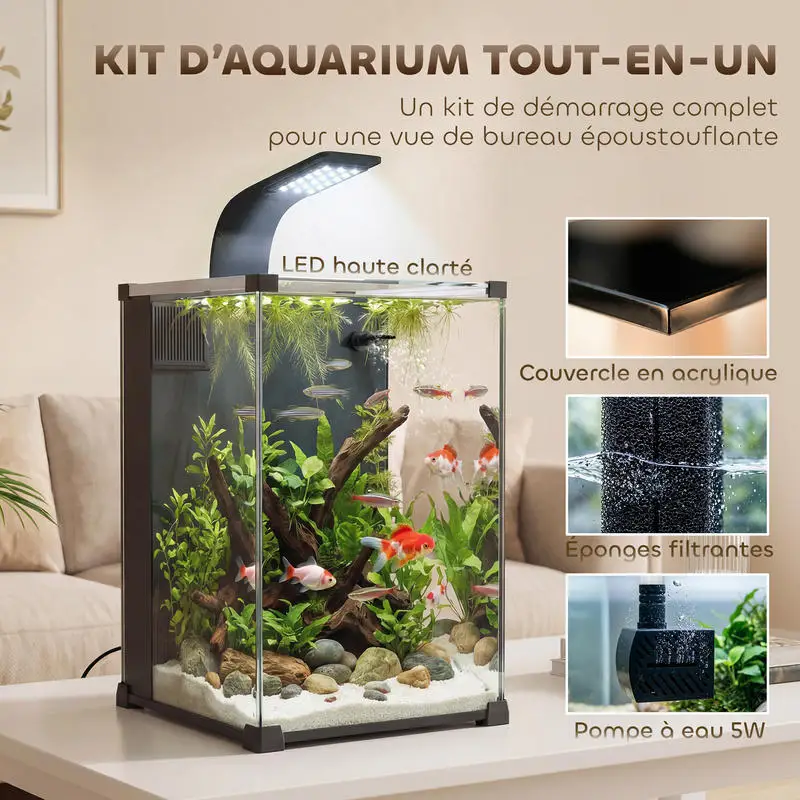 Aquarium aus gehärtetem Glas, Nano-Aquarium mit integriertem Filter, 5W-Pumpe und LED-Beleuchtung, 30x30x45cm, Schwarz