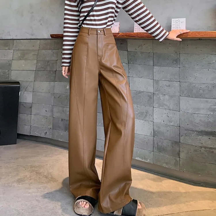 

Bury High Waist Matte PU Leather Wide Leg Pants Women's Loose Slimming Straight Casual Drapey Floor-Length Trousers