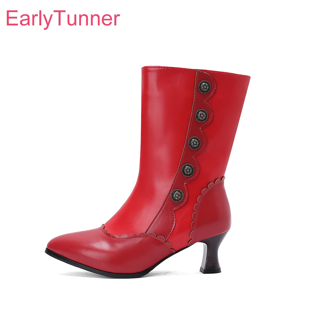 

2025 Новые зимние удобные красные зеленые женские ботинки до середины икры с острым носком на высоком каблуке, женская обувь для вечеринок, большие размеры 11 43 45 48