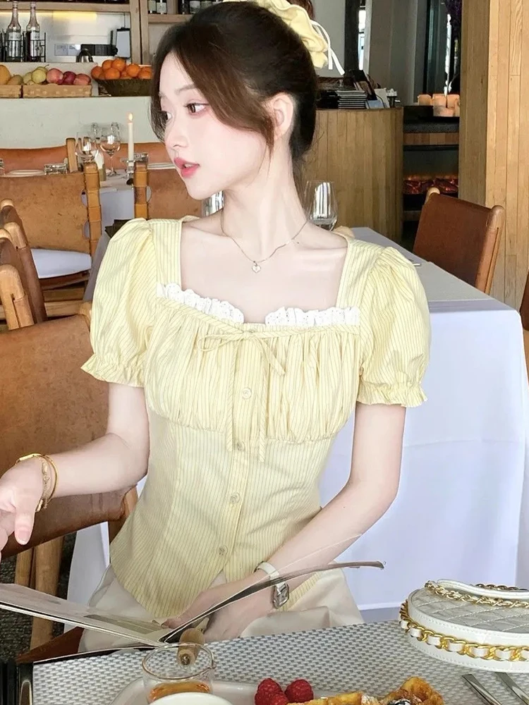 Zoki หวานสีเหลืองลายเสื้อผู้หญิงลําลอง Vintage Square Collar Slim เสื้อเกาหลี Preppy สไตล์ Puffy Sleeve Elegant Tops ใหม่