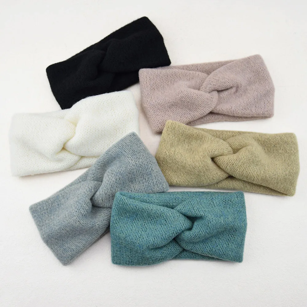 New Wool Knitting Cross Wide Headbands Winter Ear Warmer Soft Elastic Mohair Headwrap Turban For Women Girl Hair Accessories