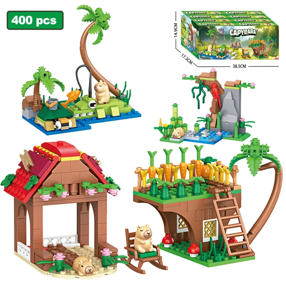 

Наборы строительных блоков «Модель среды обитания капибары», 400 деталей, 4 в 1, серия «Джунгли», креативные украшения, игрушки-конструкторы в виде животных для детей и взрослых, подарок