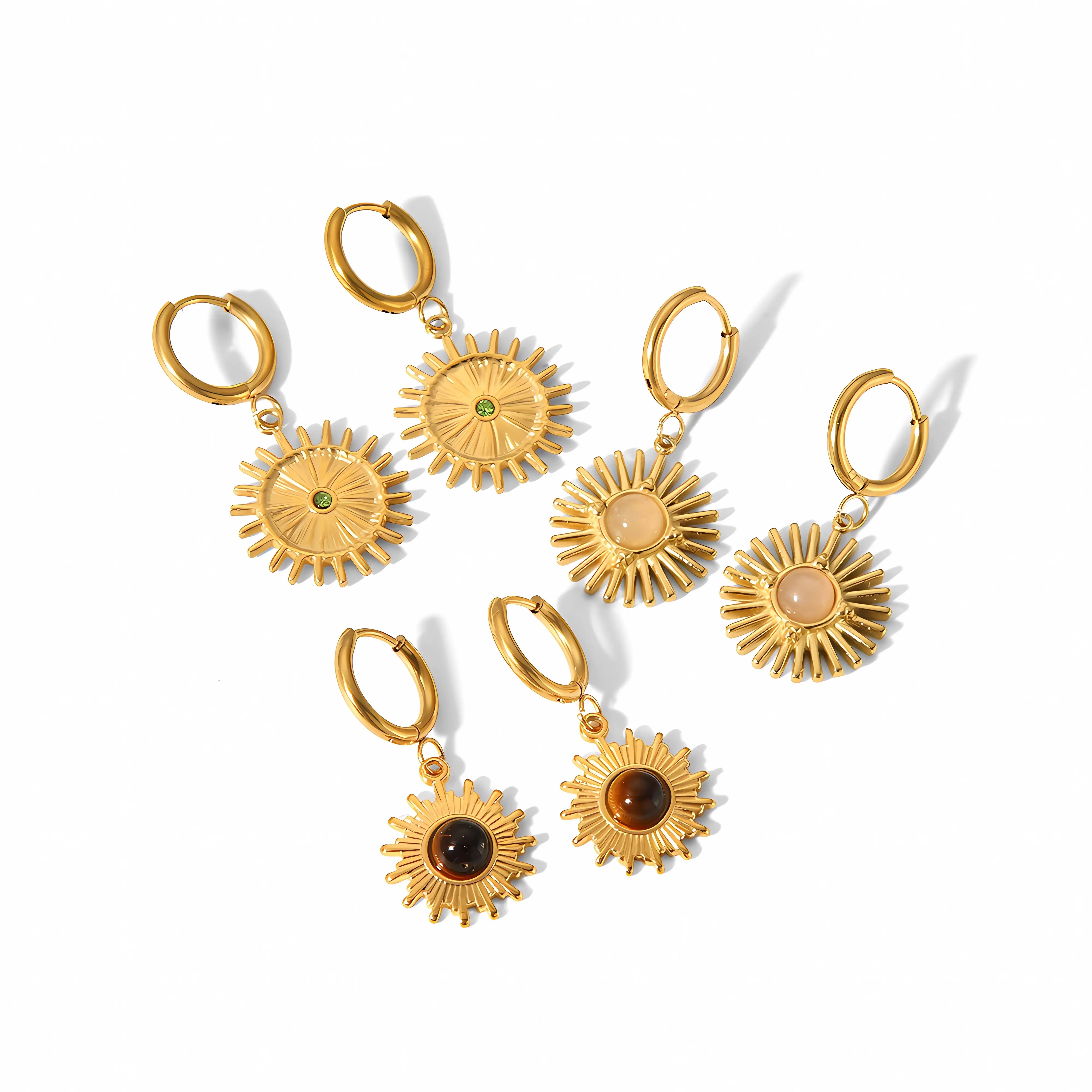 

LQ 18k Gold Plated Stainless Steel Earrings Natural Stone Sun Charm Huggie Hoop Earrings Dainty Sun Drop Pendant Hoop Earrings