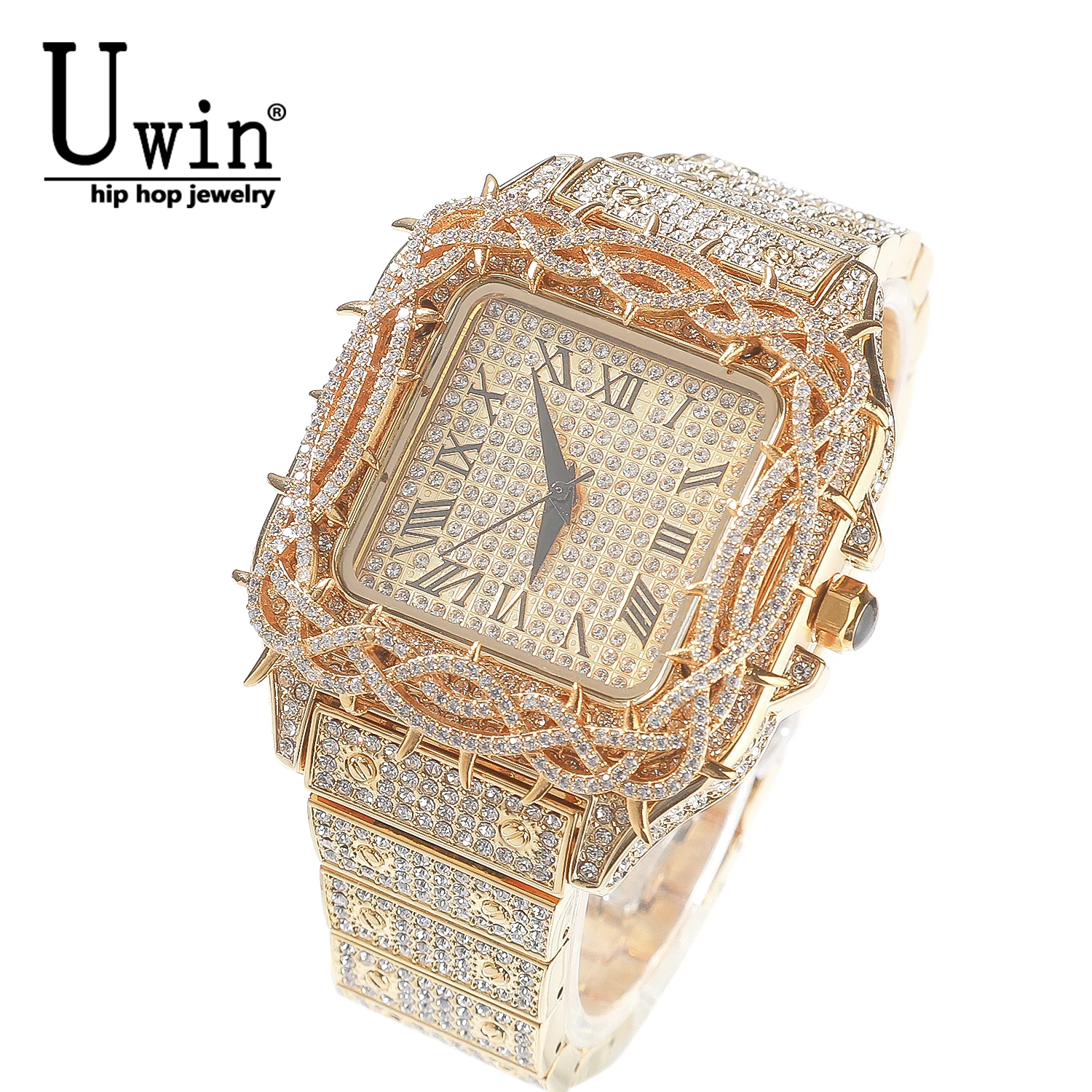 Uwin Iced Out Thorn Crown Square Dial Men's Watch Quartz Luxury Brand Automatic Wrist Watches Hiphop Rhinestone-set Watch