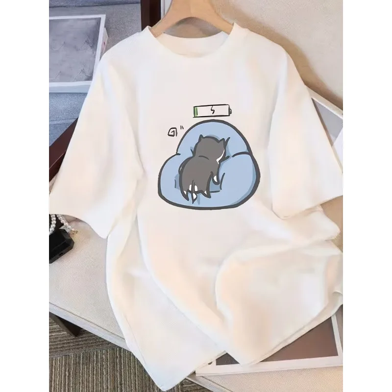 Funny Lazy Cat Low Battery Casual Short Sleeve Cute Cartoon Kitten T-Shirt Soft Loose Fit Crew Neck Top for Women Daily Wear