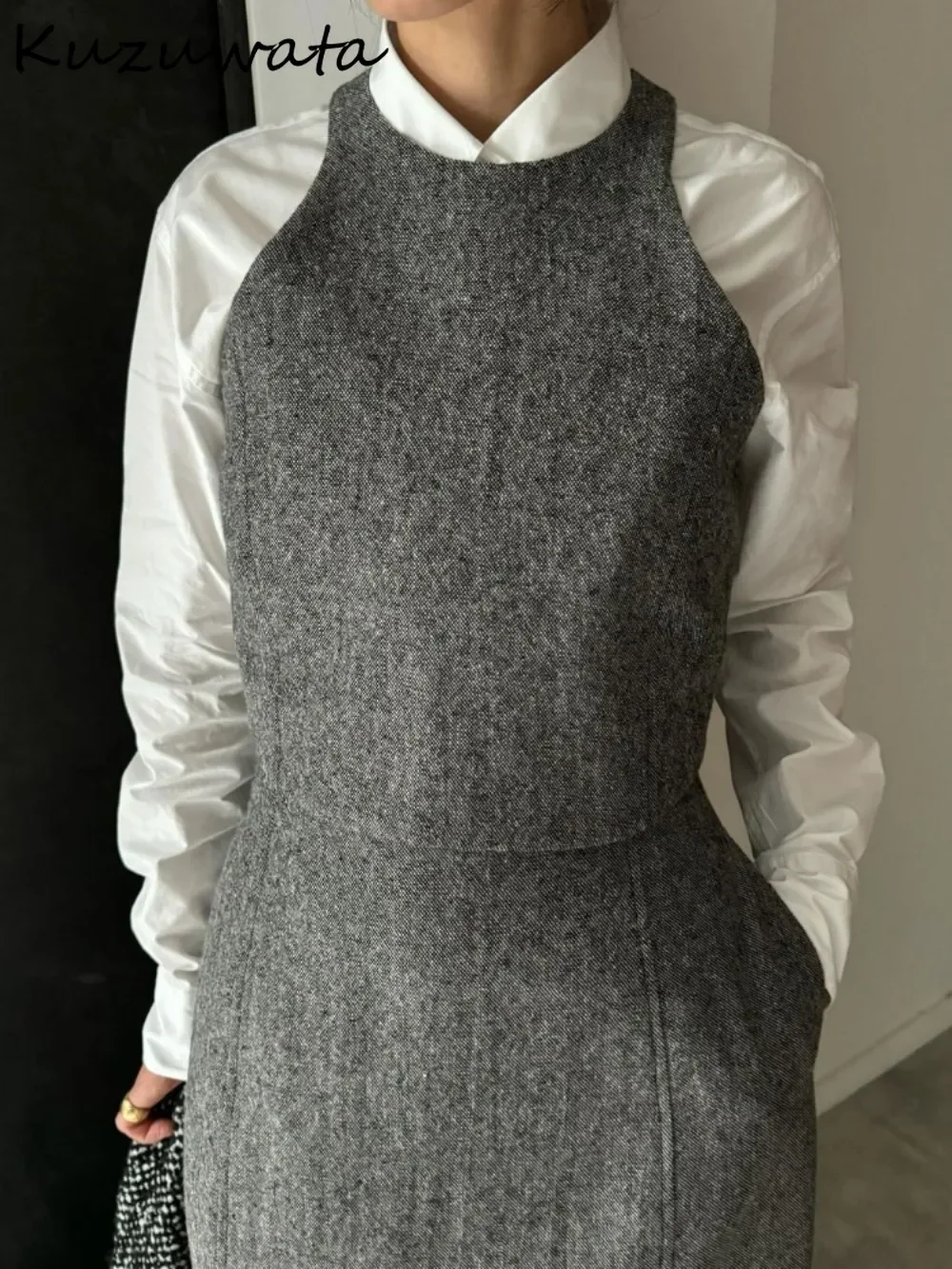 Kuzuwata Vintage O Neck Sleeveless Tweed Sets Vest High Waist Straight Elegant French Style Skirt Japan Slim Wool Suits Faldas