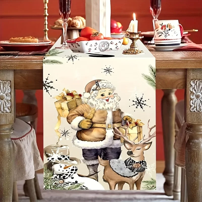 

1 Piece of Retro-Style Christmas-Themed Table Runner with Light Background Painted with Santa Claus, Reindeer, Snowman, and Snowflake Patterns, Suitable for Christmas Dinners, Family Gatherings, Holiday Tea Parties, Retro B&Bs, Themed Cafes, Christmas Mar