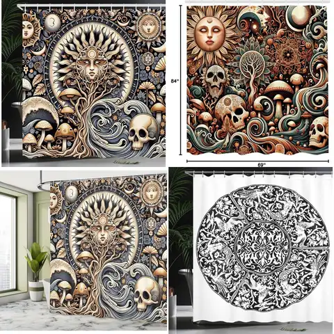 Cortina de ducha bohemia ecológica: escenas diurnas y nocturnas con sol, ondas, luna, setas y calaveras.