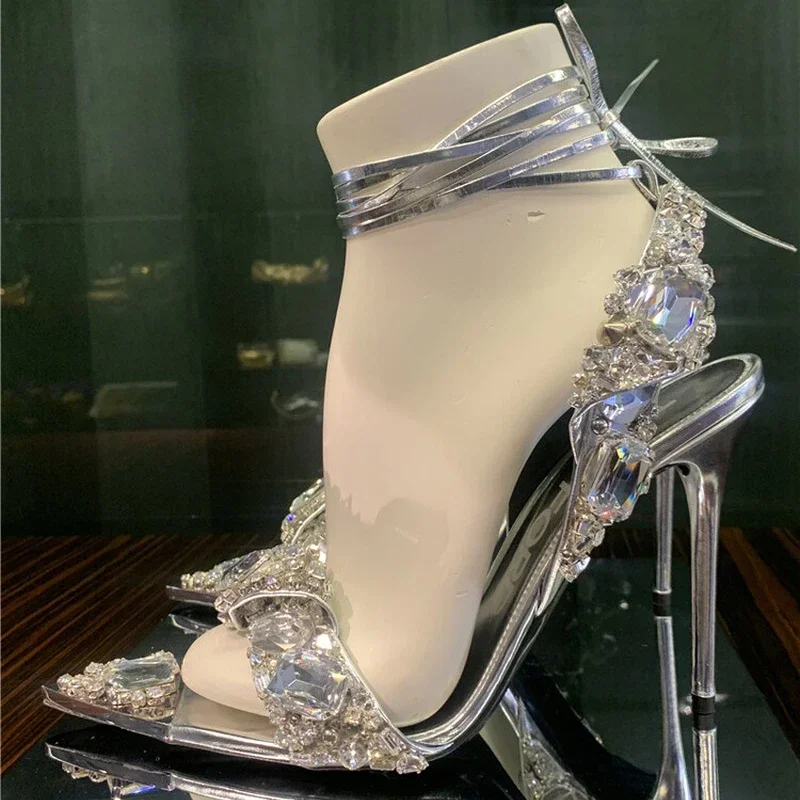 

2026 Luxury Rhinestone Pointed Sandals Prom Super High Heel Sandals Slim Heel Dress Show Sandals Oversized 34-43 Women's Shoes