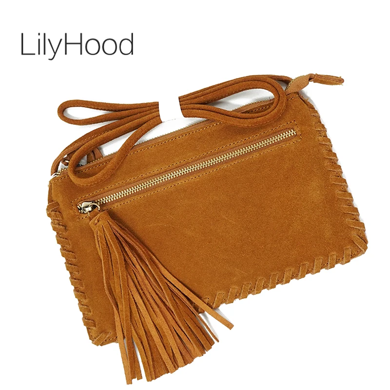 Female Suede Genuine Leather Mini Side Sling Bag Fringed Hippie Bohemian Boho Chic Tribal Ibiza Small Phone Shoulder Bag Cheap