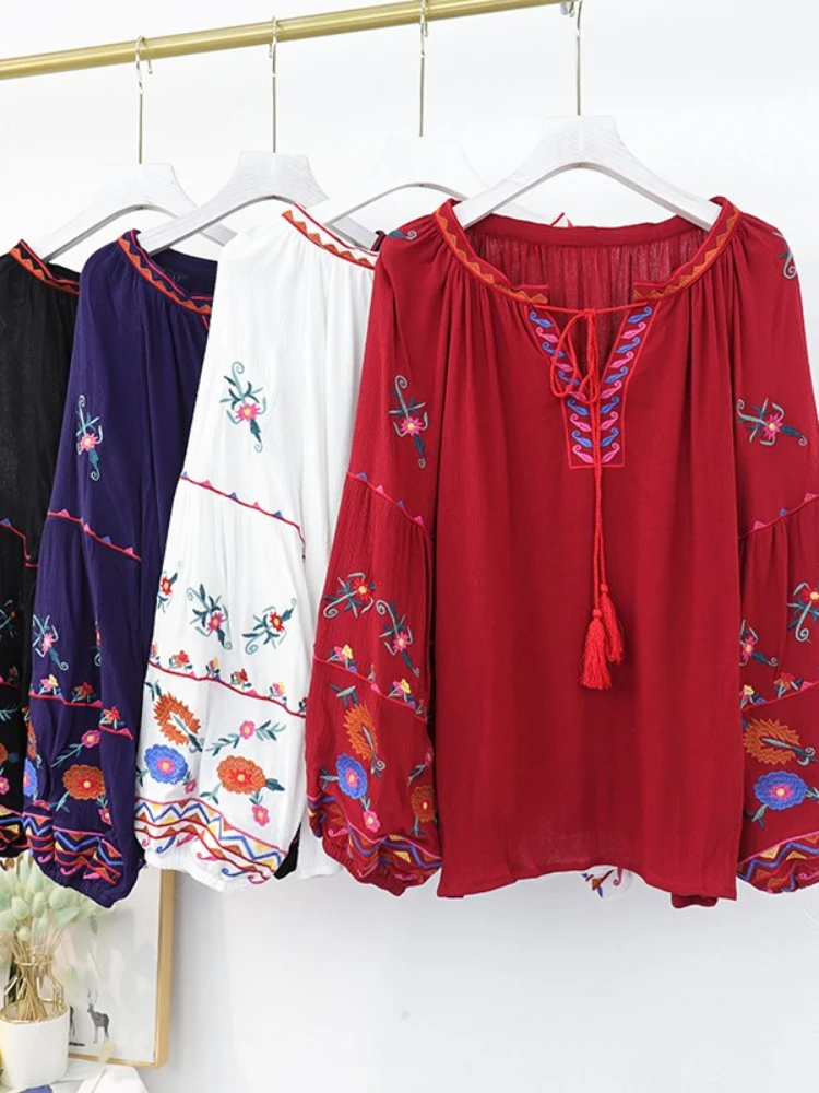 Autumn Women Blouse Indie Folk Embroidery Lace-Up Tassel O-Neck Lantern Sleeve Tops Loose Cotton Female Blusa Casual Shirts