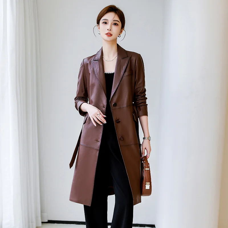 Women's Genuine Leather Coat, Lace Up, Sheepskin Jacket, Medium-Length Trench, Slim Tops, Spring And Autumn