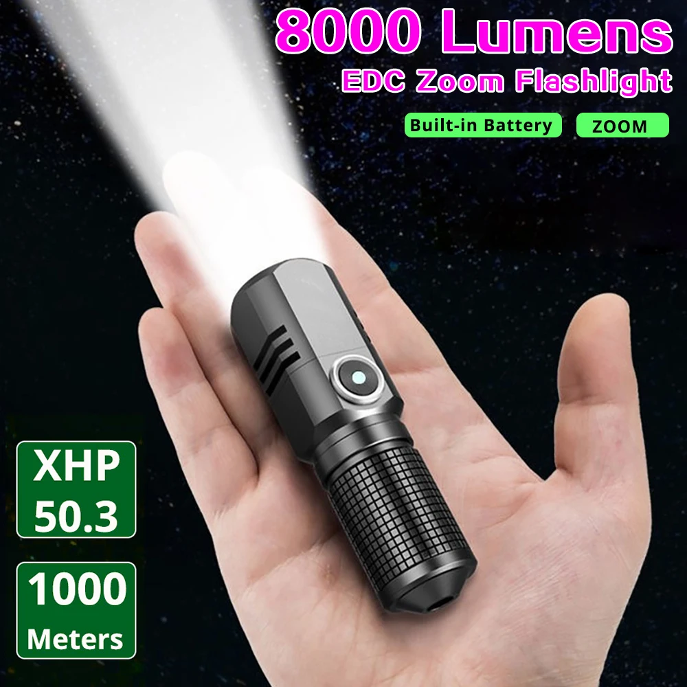 

8000LM Mini XHP50 LED Flashlight Zoomable USB-C Rechargeable Torch Powerful EDC Pocket Light Waterproof 3 Modes Hand Lamp