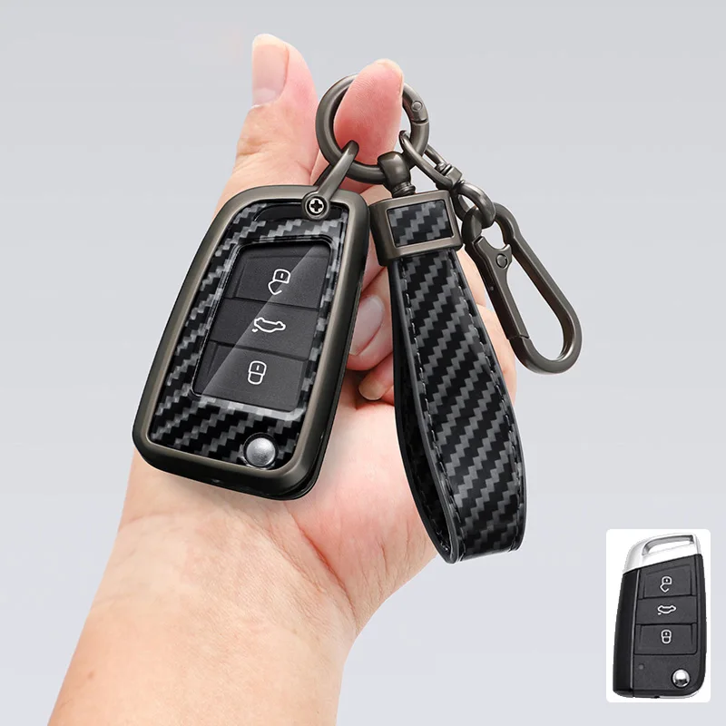 Zinc Alloy+PU Leather Carbon Fiber Style Car Key Case Cover for VW Volkswagen 17 18 Passat Golf GTI Flip Key Protective Shell