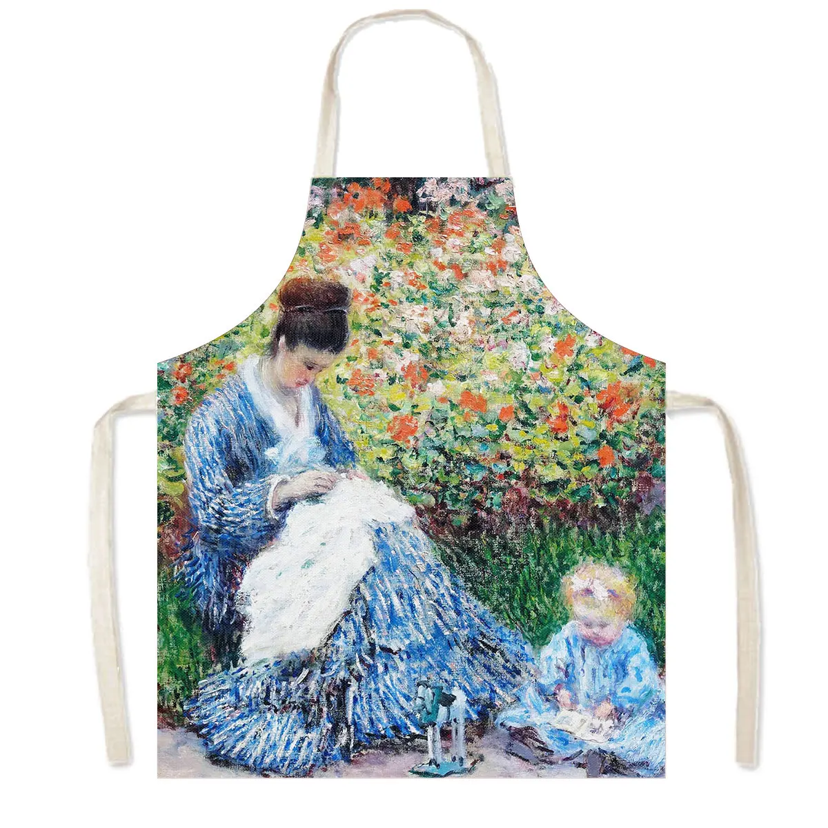 Famous Oil Painting By Claude Monet Kitchen Aprons Waterlily Lotus Flower Pinafore Home Cleaning Clothing Chef Cooking Apron