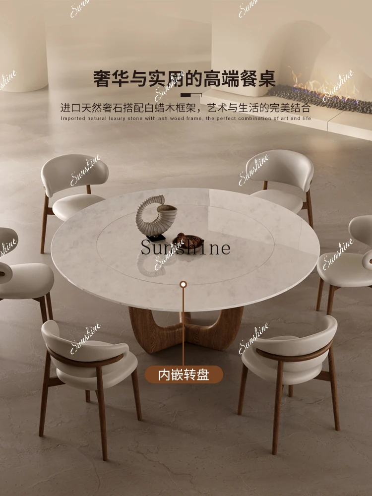 Italian minimalist pure natural luxury stone dining table high sense walnut color ribbon turntable  FT