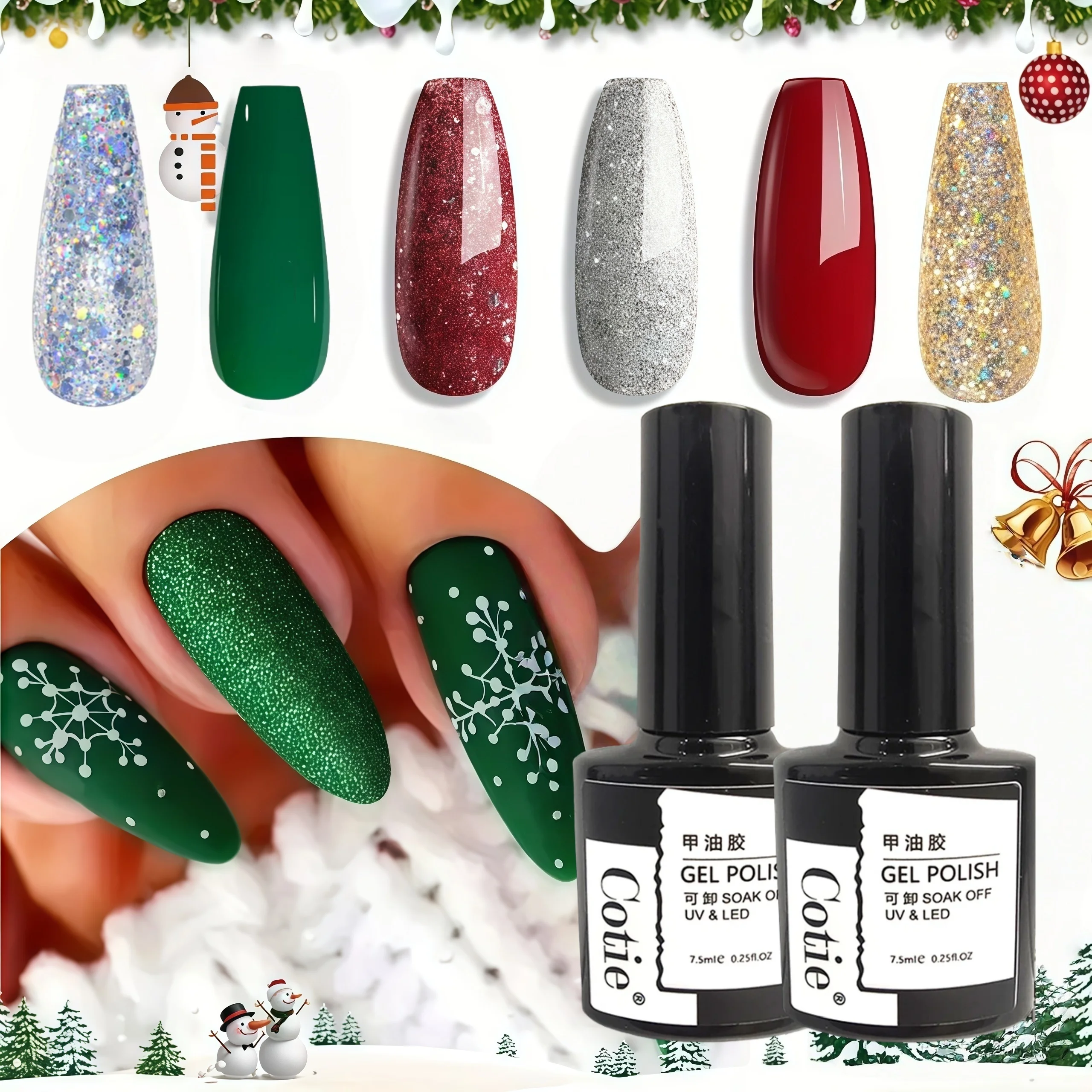Set di smalti gel natalizi a 6 colori, tono champagne verde, rosso, glitter argento, perfetto per le vacanze autunnali di Capodanno