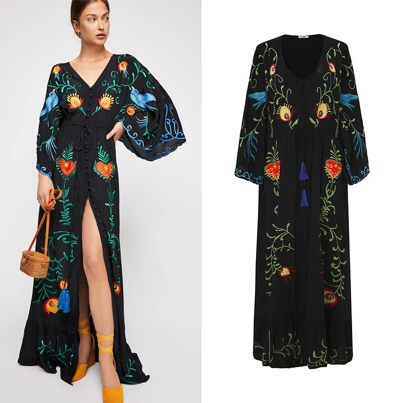 WTIANYUW Embroidery Women Maxi Dress V Neck Batwing Sleeve Loose Bigsize Summer Dresses Drawstring Waist Boho Beach Vestidos