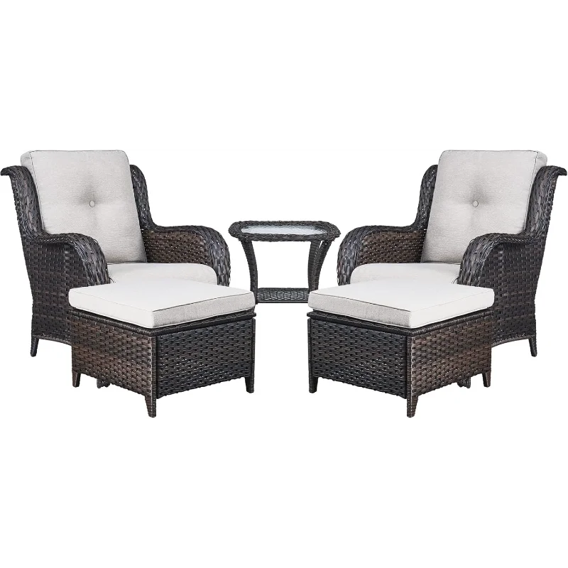 

Wicker Patio Furniture Set - 5 Piece Rattan Outdoor Sectional Conversation Set with 2 Wicker Chairs, 2 Ottomans and 1 Side Table