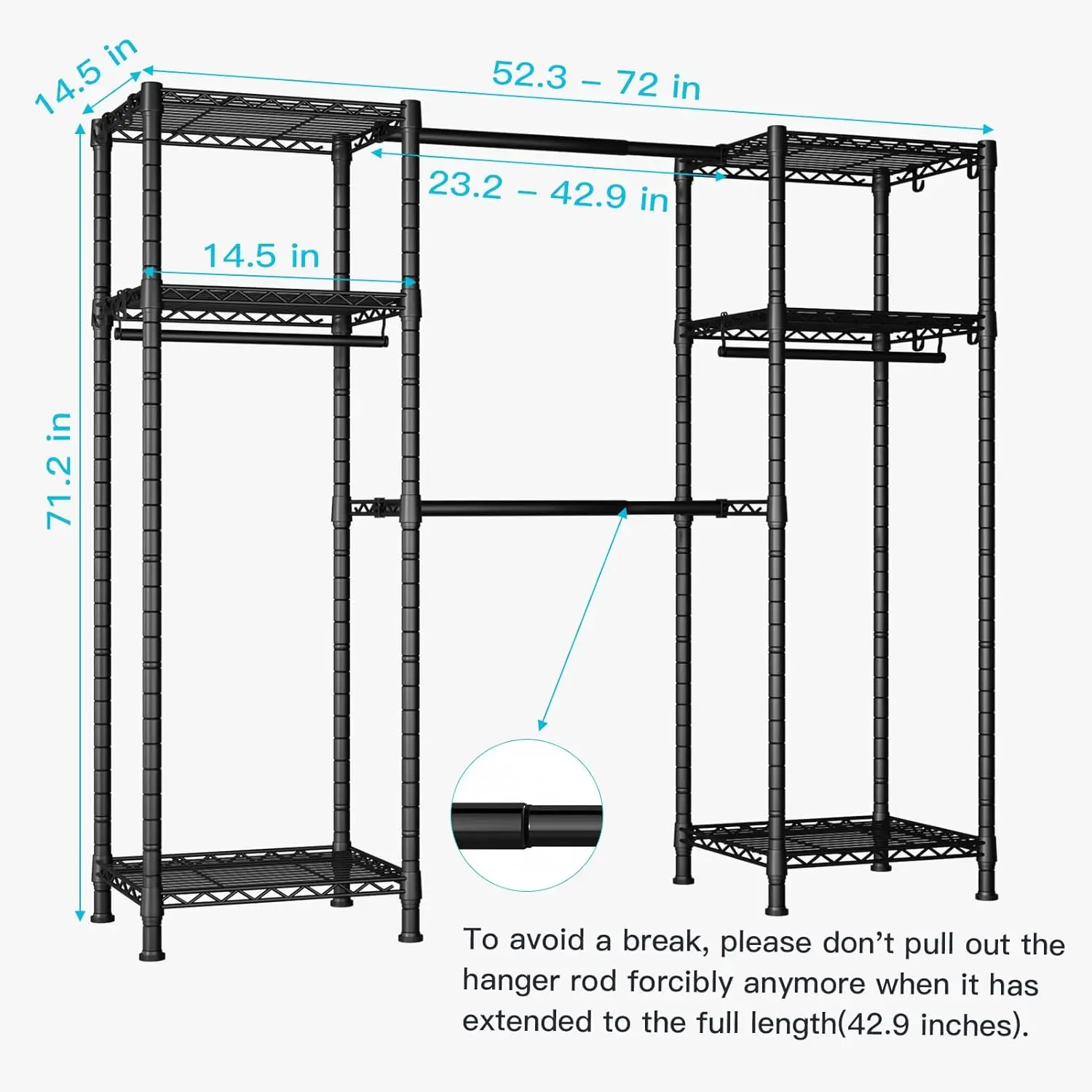 Ulif E7 Garment Rack, Heavy Duty Clothes Storage System With Extendable Hangers Rods, Metal Clothe Rack With 6 Wire Shelves,
