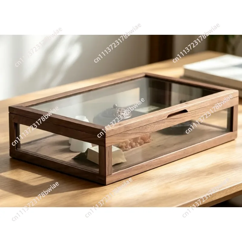 Black Walnut Tea Set Display Box Dust-Proof Five-Sided Transparent Glass Storage Desktop Display Case