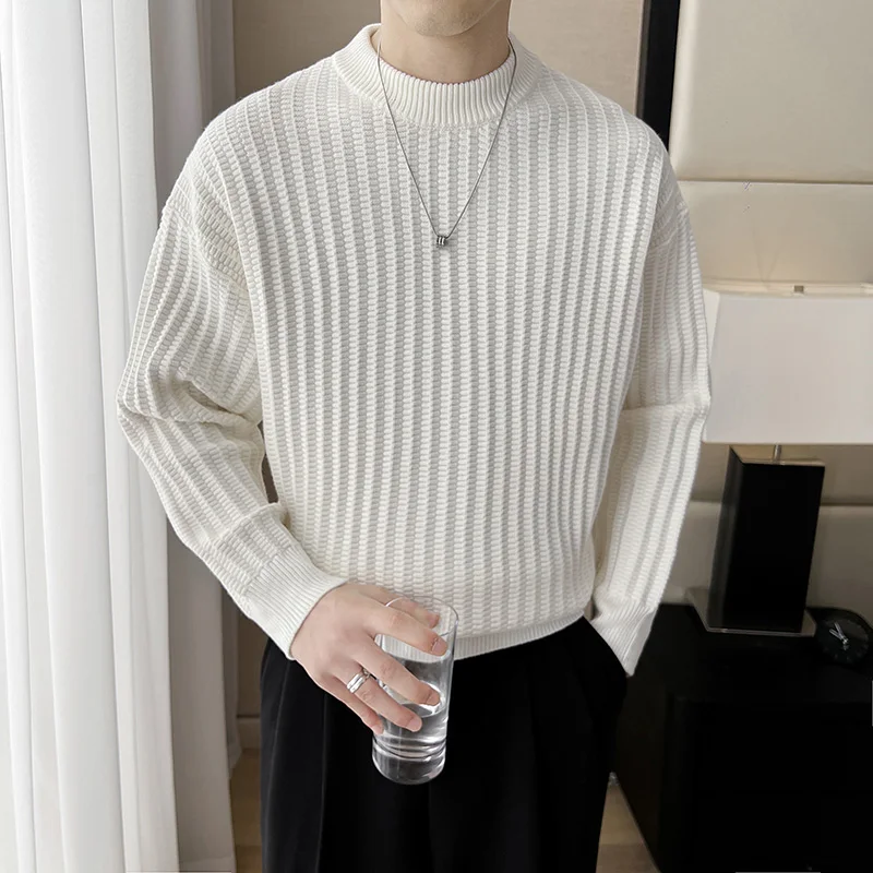 

High Quality Solid Color Thickened Warm Men's Long-sleeved Sweater, Daily Youth Striped O-neck Sweater.stretch