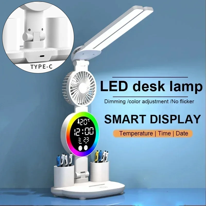 

Multifunction Table Light LED 2-headed Folding with Fan Calendar Clock USB Rechargeable Desk Light 3200mah Bedside Desk Lamp