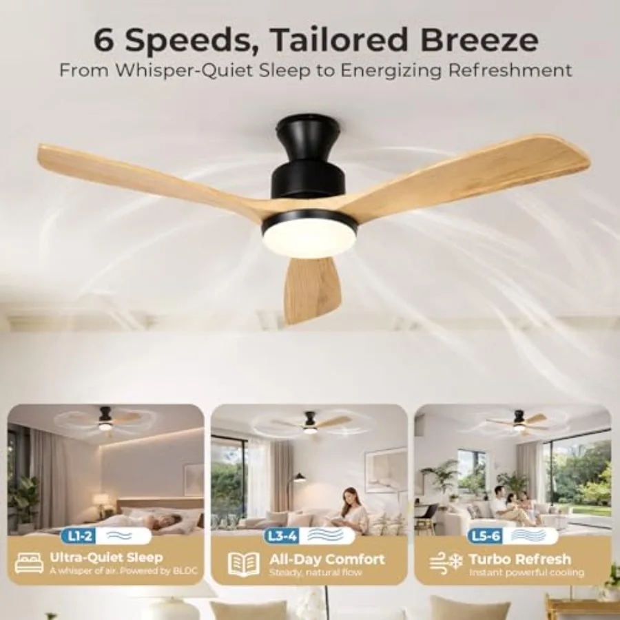 Ceiling Fans with Lights for Farmhouse Living Room Bedroom, Natural Wood 52 Inch Flush Mount Ceiling Fan, 3CCT Dimmable Light,