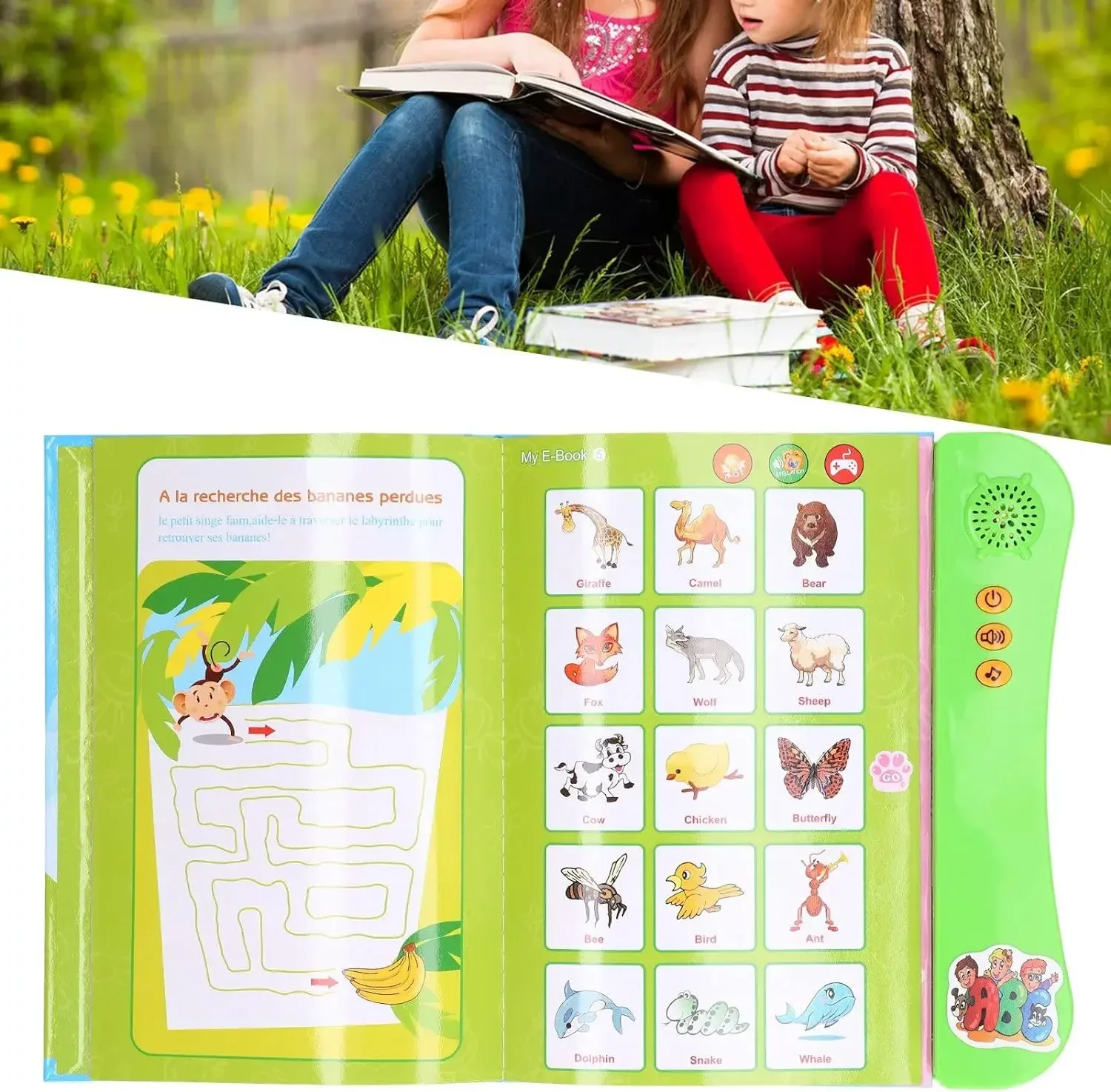 French and English Learning Sound Book Cartoon Pattern Interactive Sound Book Home Birthday Gift Green