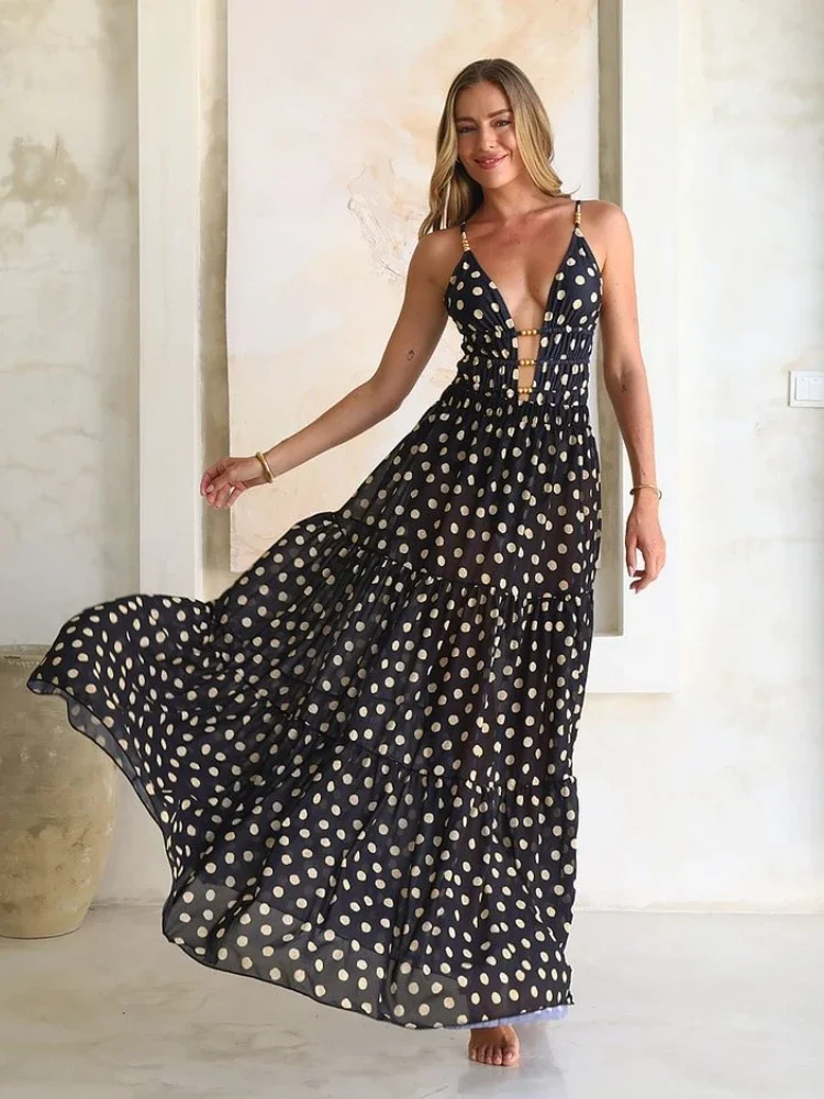 夏の女性のセクシーなディープ V 水着 2025 Flaxmaker ヴィンテージプリントワンピース休暇ビーチウェア高級水着