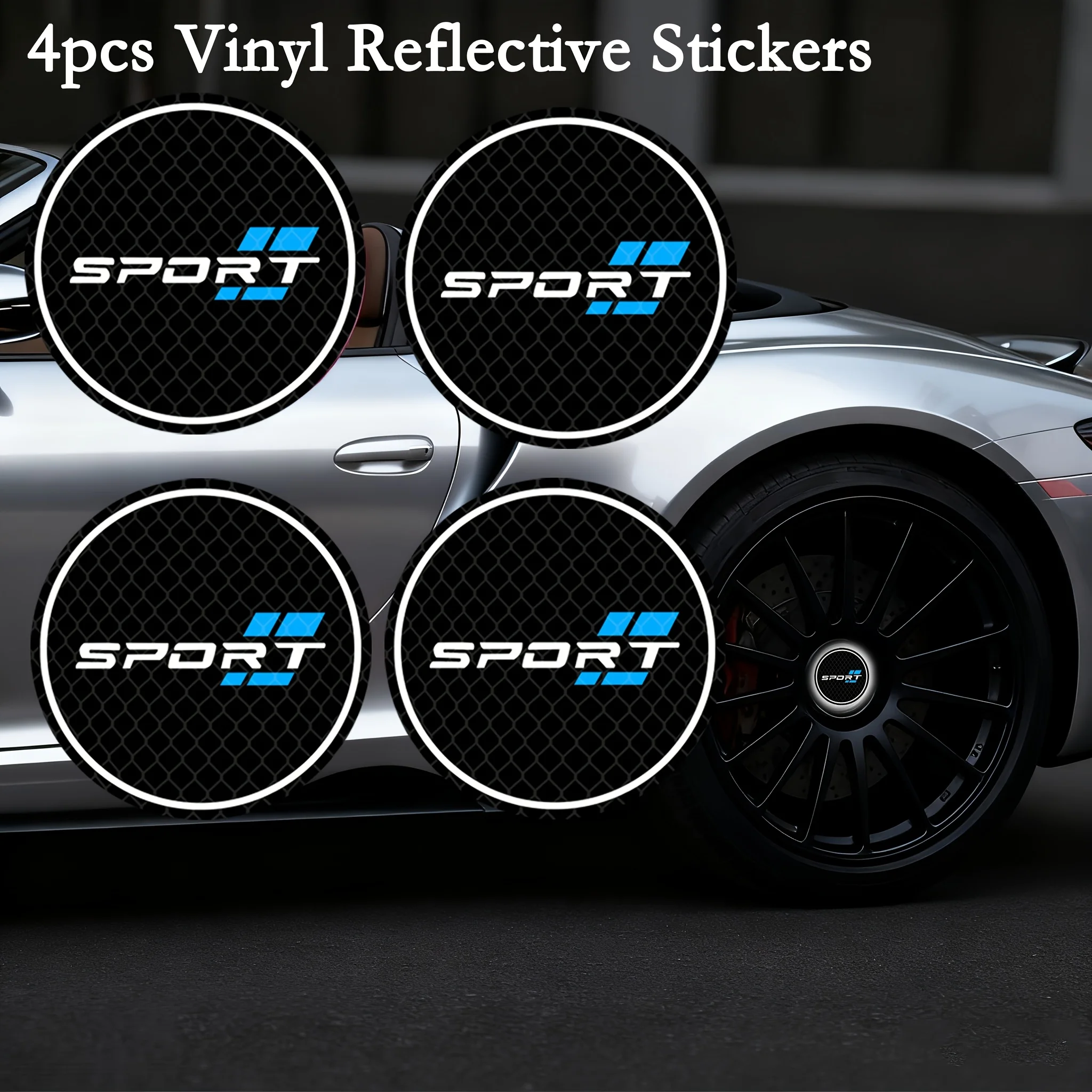 4Pcs/Set Sport Honeycomb Wheel Center Cap Stickers, Blue Reflective Vinyl Decals for Car Wheel Hub Caps