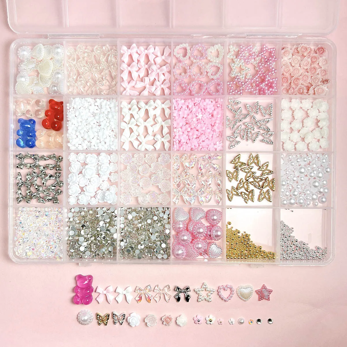 

1Box 3D Mini Steel Ball Alloy Butterfly Bow Nail Art Decorations Minimalist Colored Camellia Heart Bear Nail Charms DIY Nails