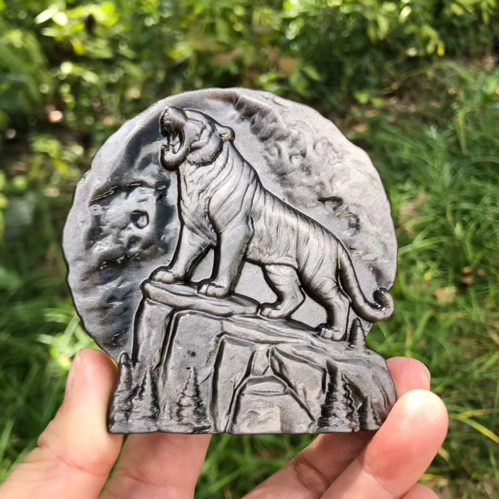 Natural Silver Obsidian Tiger Slab Figurine, Roaring Tiger Moon Mountain Relief Statue, Crystal Stone Ornament Decoration Craft