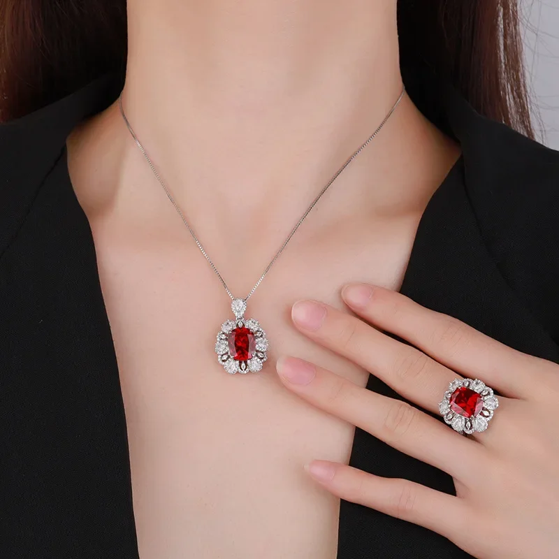 

Adjustable Ring and Necklace with Vibrant Red Blue Gemstones Perfect for Elegant Women's Jewelry Birthday Gift Party Accessories