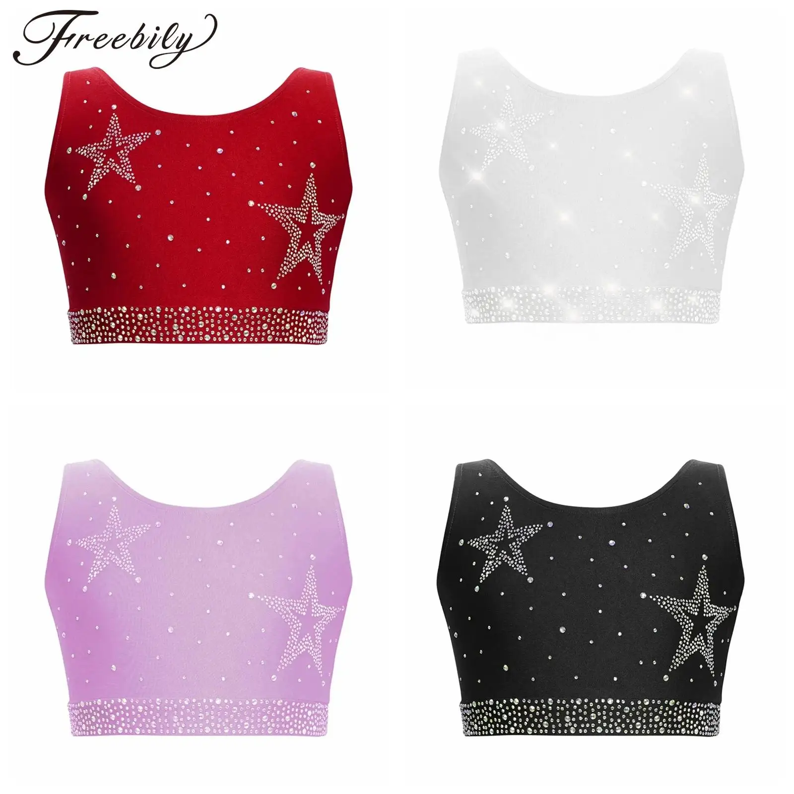 

Girls Ballet Gymnastics Tops Cropped Tank Top Kids Crisscross Back Vest Dancewear 6-16 Shiny Rhinestones Acrobatic Dance Costume