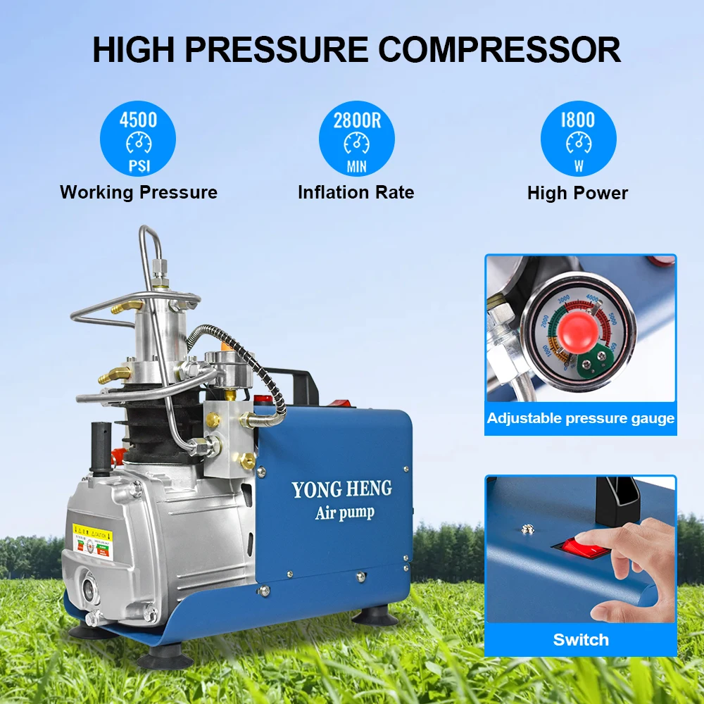 YONGHENG 300Bar 4500Psi PCP High Pressure Air Compressor Adjustable Auto-Stop Electric Compressor for  PCP Scuba Inflator Tank